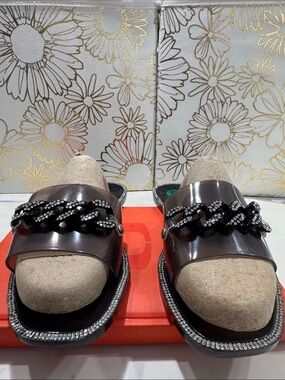 bebe Black Rhinestone Chain Slide Mules